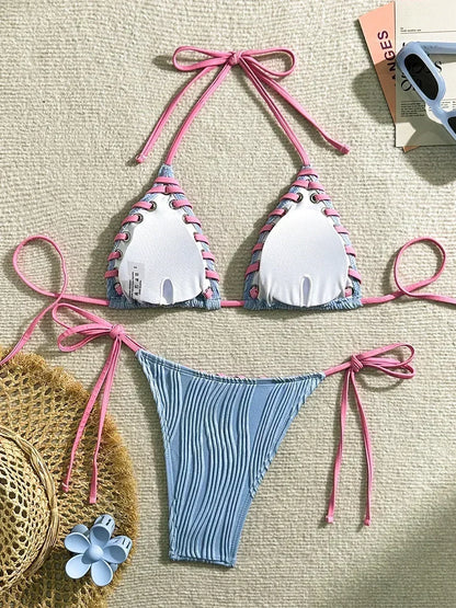 Wrinkled Weave Edge Two Piece Halter Bikini