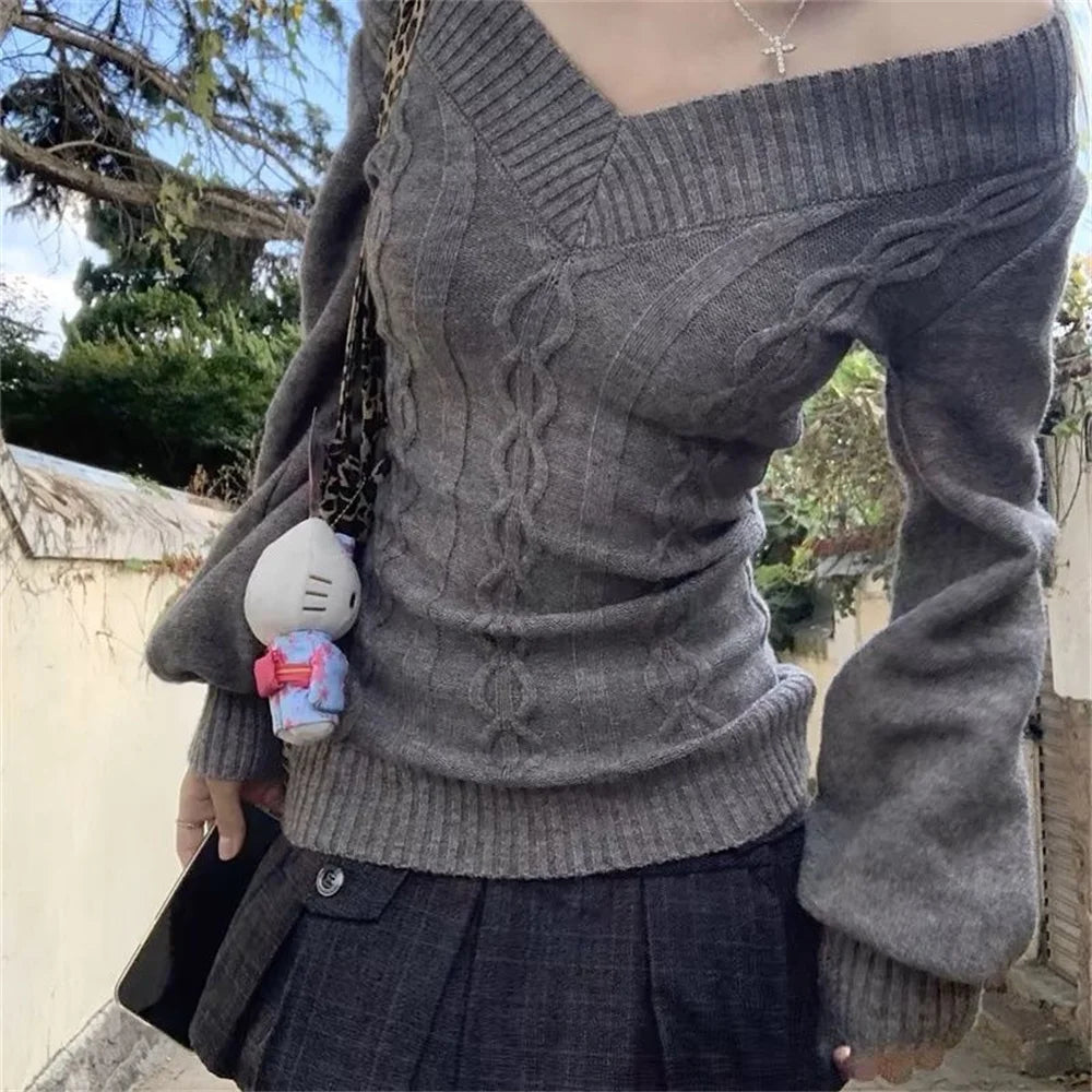 Off-The-Shoulder Grey Cable Knit Sweater Aesthetic