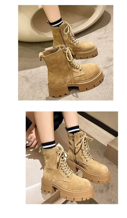 Retro Platform Leather Ankle Boots - Luxury Designer Motorcycle Boots for Women