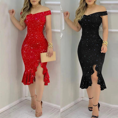 Midnight Sparkle: The Perfect Off-Shoulder Cocktail Dress