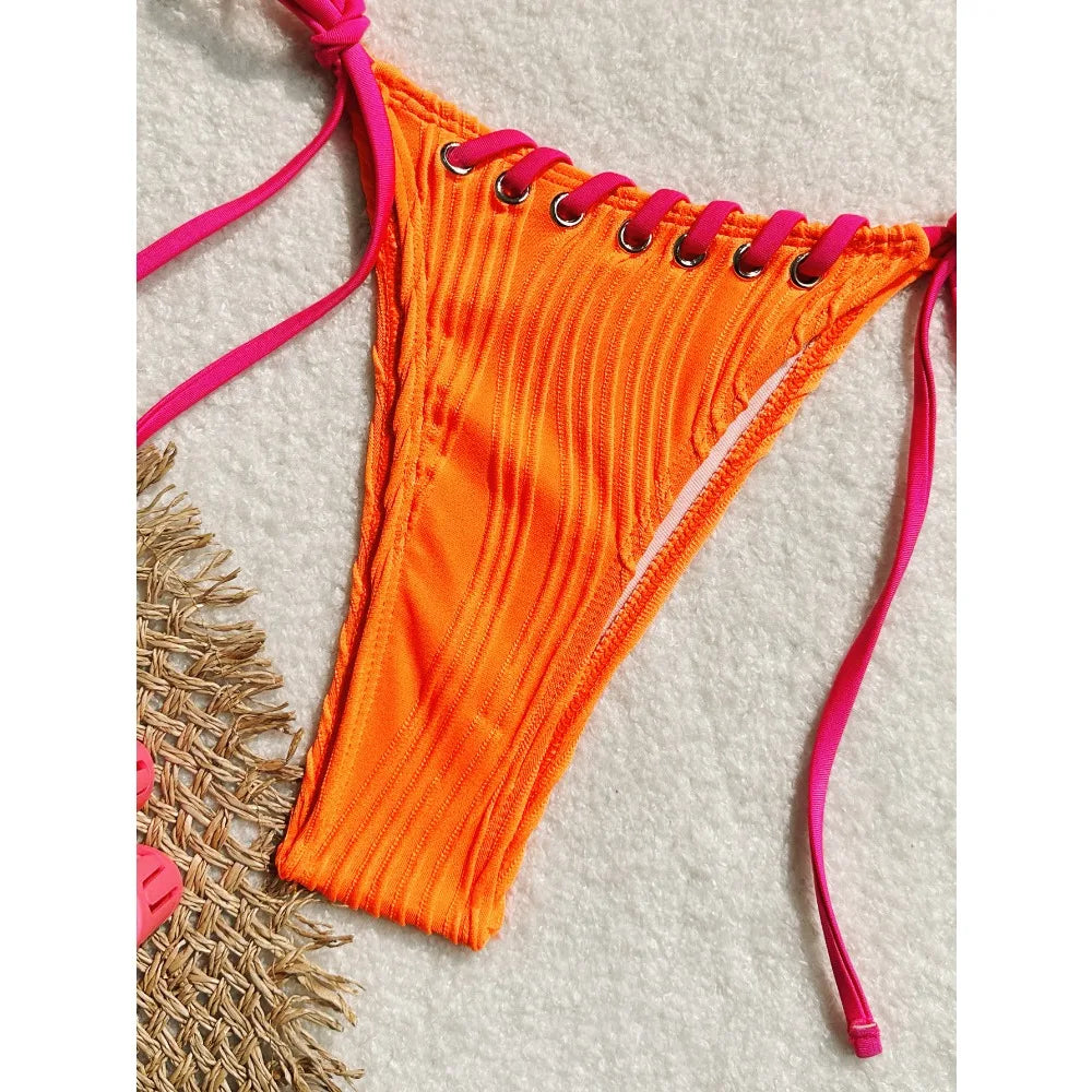 Minimalist Cream Lace-Up Plisse Bikini Aesthetic