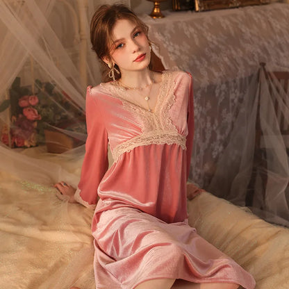Womens Velvet Pajama Set Elegant Lace Nightgown Long Sleeve Robe For Cozy Winter Nights