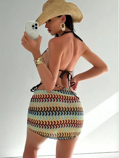 3 Piece Bikini Set With Beach Skirt For Women Printed Halter Swimsuit Beachwear