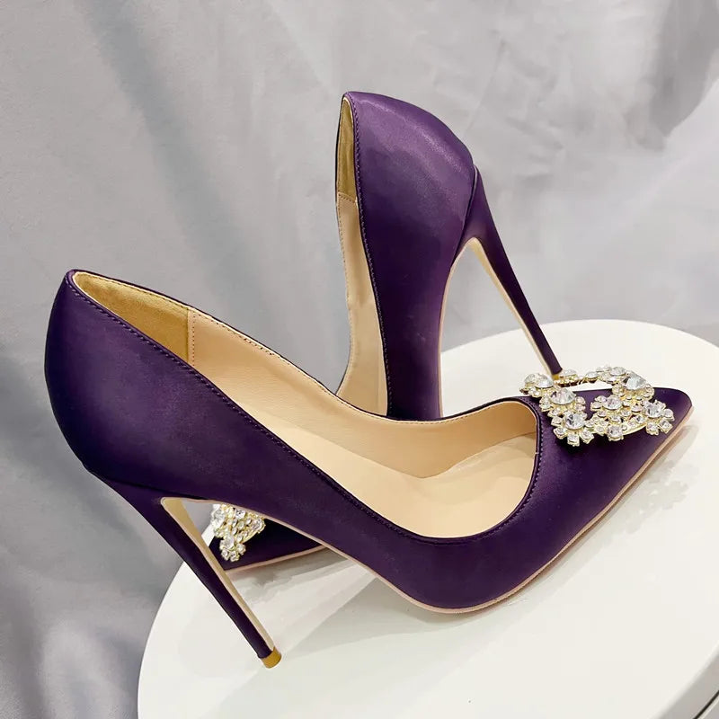 Square Glitter Decor Purple Satin Pointy Toe High Heel Women Shoes