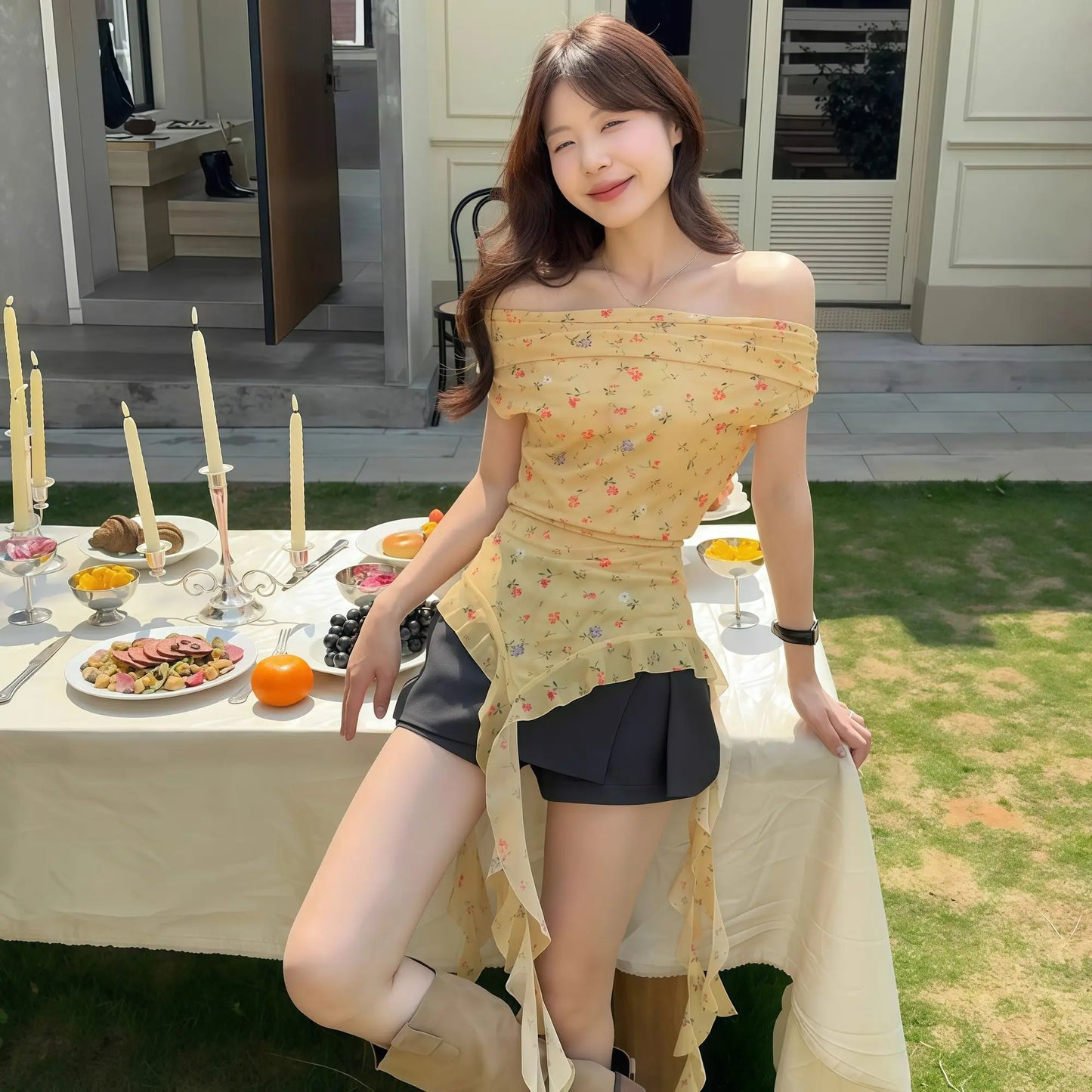 Big Flower Ruffle Design Chic Asymmetric Tops