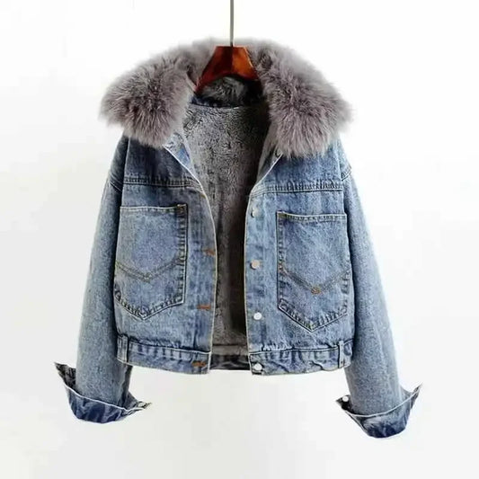 Wool Inside Fur Plush Neck Crop Women Denim Jackets