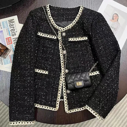 Round Neck Tweed Jacket for Effortless Elegant Office Chic Street Style