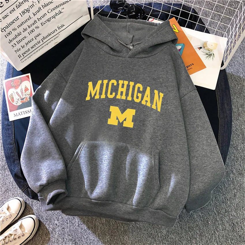 Michigan University Hoodie Hip Hop Fleece Streetwear Unisex Pullover