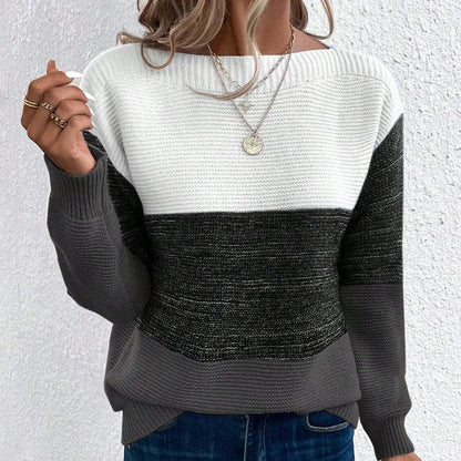Womens Colorful Patchwork Crop Sweater Autumn Casual Knitted Pullover Bare Midriff Coarse Yarn Top
