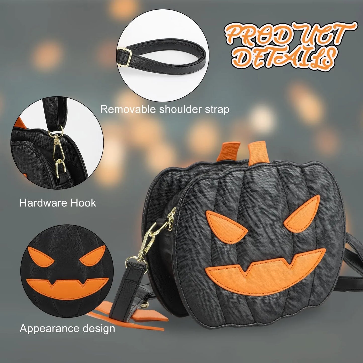Halloween Pumpkin Purse Pu Leather Demon Messenger Bag With Adjustable Strap Zipper