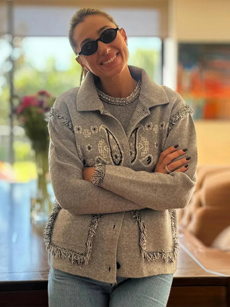 2025 Spring Womens Personalized Graffiti Print Lapel Cardigan Shirt Lantern Sleeve Trendy Top