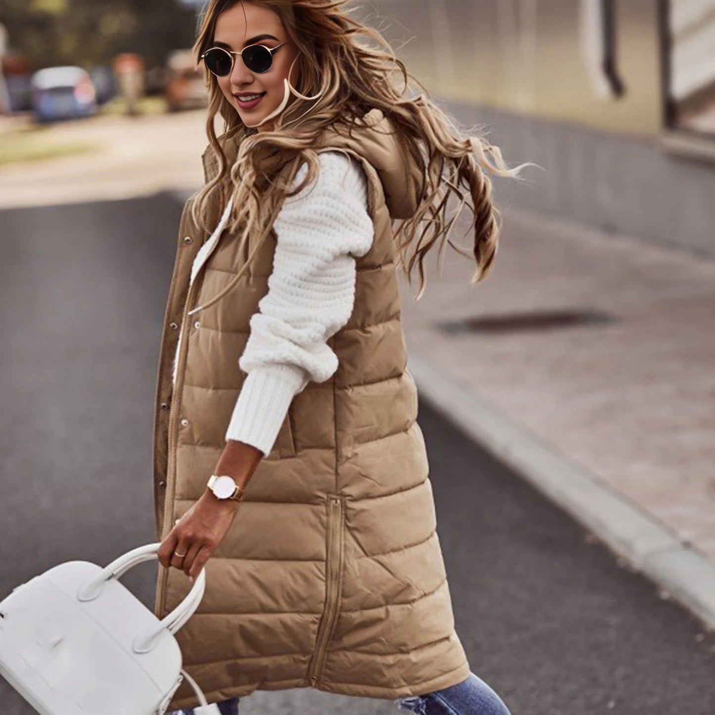2025 Womens Long Winter Quilted Hooded Vest Sleeveless Down Cotton Jacket With Pockets Warm Outdoor Coat S 5xl