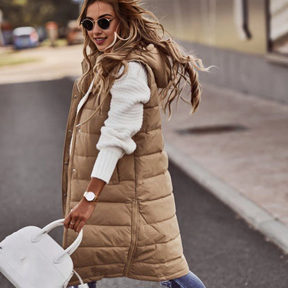 2025 Womens Long Winter Quilted Hooded Vest Sleeveless Down Cotton Jacket With Pockets Warm Outdoor Coat S 5xl