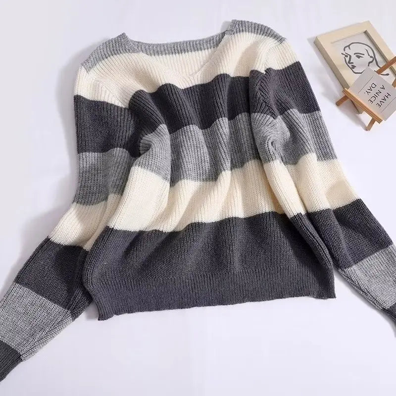 Chic Striped Knit Pullover Oversized Casual Streetwear For Autumn Winter