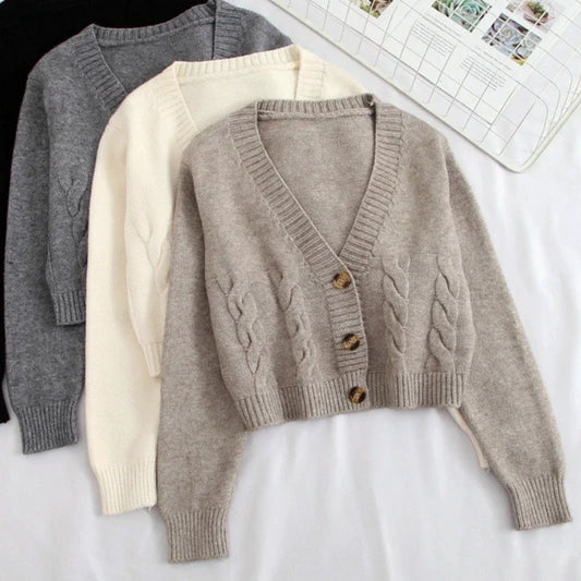 Street Womens Crop Coarse Twist Cardigan Loose V Neck Long Lantern Sleeve Solid Knitwear Sweater For Autumn Winter 2025
