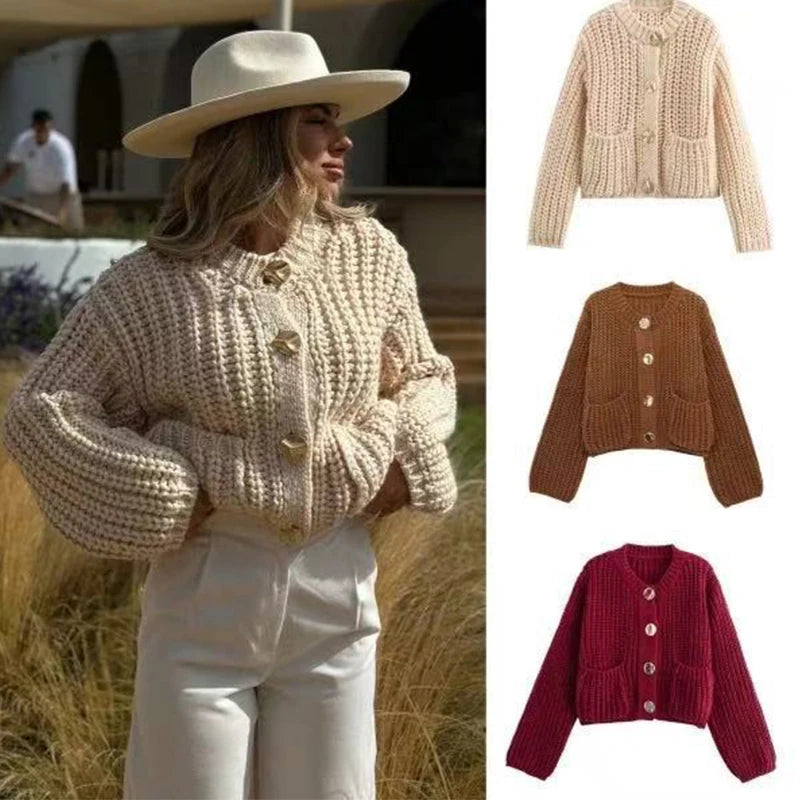 Casual Button Pocket Knitted Cardigan Autumn Winter Korean Fashion Women Tops Loose Knit Coat Sweater Outerwear Clothing