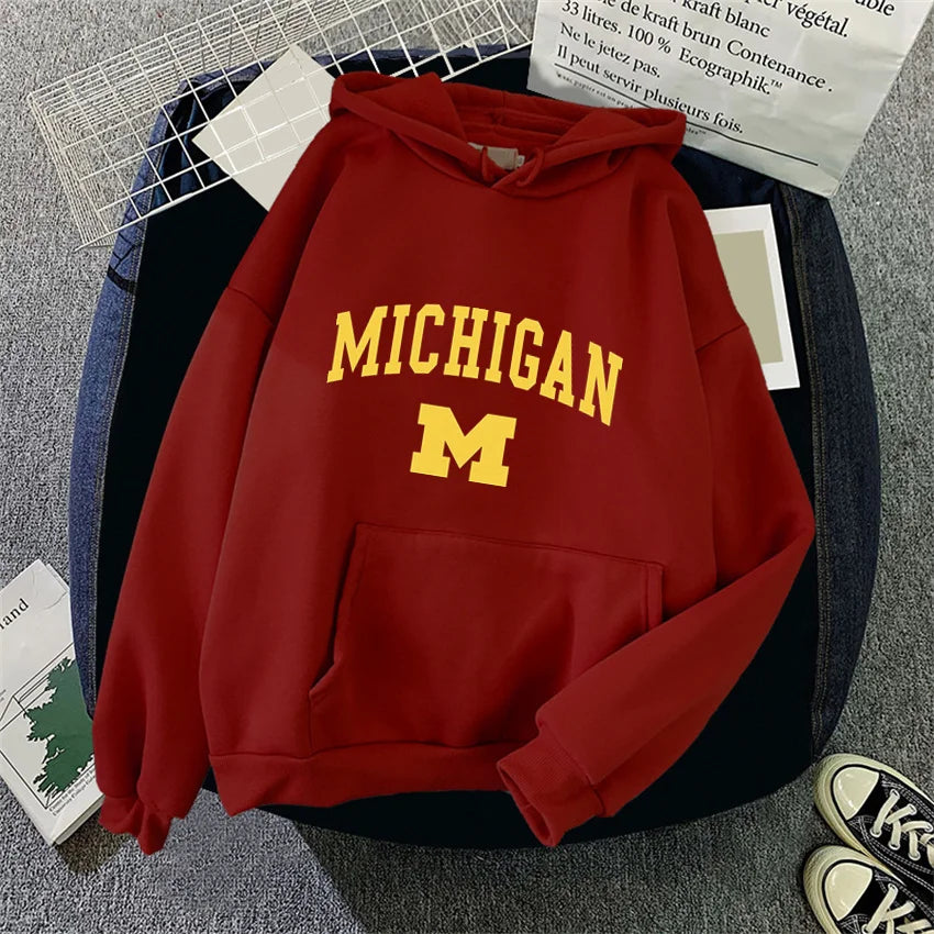 Michigan University Hoodie Hip Hop Fleece Streetwear Unisex Pullover
