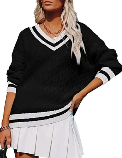 Autumn Winter V Neck Pullover Striped Sweater For Women Loose Comfortable Color Blocking Casual Trendy Knitted Tops