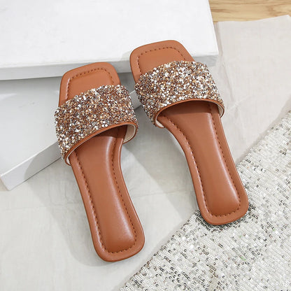 Shiny Rhinestone Design Elegant Flat Slippers For Women