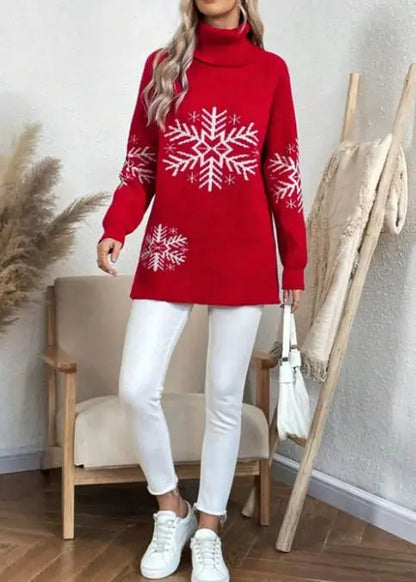 Womens Turtleneck Snowflake Knit Sweater Autumn Winter Style