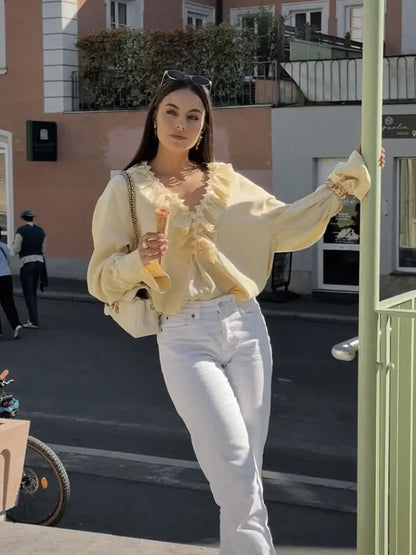 2025 Summer Fashion Vintage Womens Solid Ruffle Blouse Casual Sweet Elegant Top For Youth