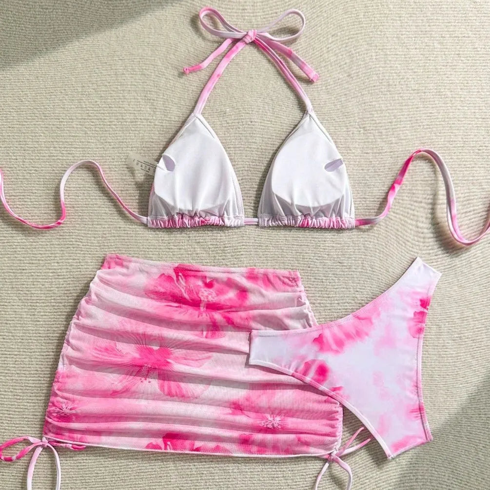 Hibiscus Print Orange and White Bikini with Mesh Skirt Aesthetic