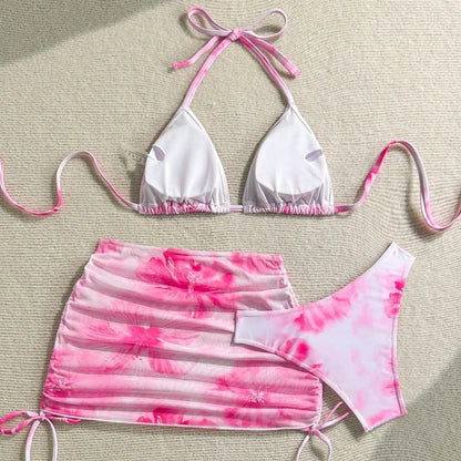 Hibiscus Print Orange and White Bikini with Mesh Skirt Aesthetic