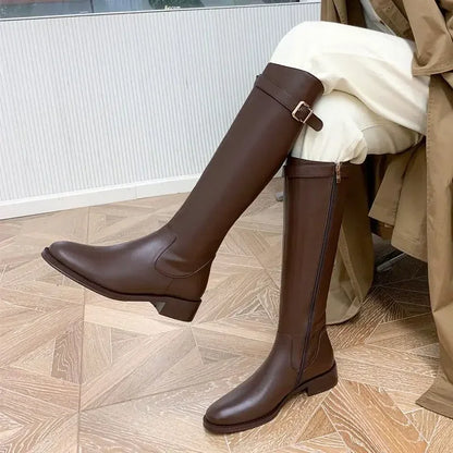 Winter Knee High Brown Boots Square Heel Zip Belt Buckle Gothic Style For Women