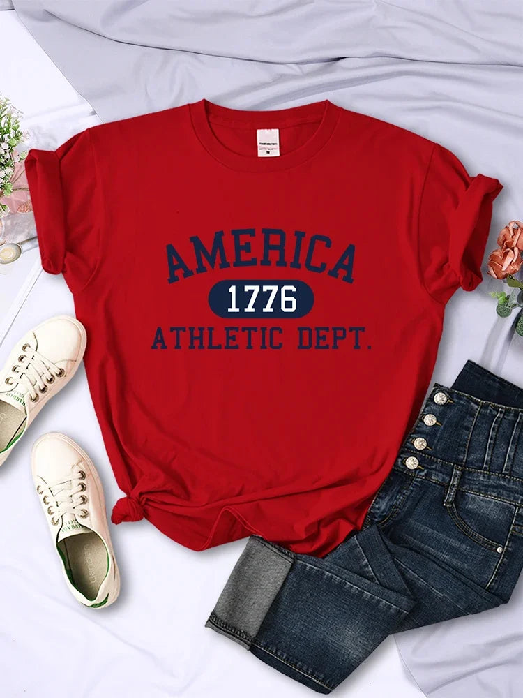 America 1776 Athletic Dept Letter T Shirt Womens Sport Casual Crop Top Cool Hip Hop Tee Soft Breathable