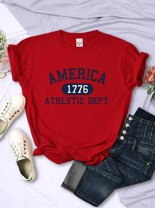 America 1776 Athletic Dept Letter T Shirt Womens Sport Casual Crop Top Cool Hip Hop Tee Soft Breathable