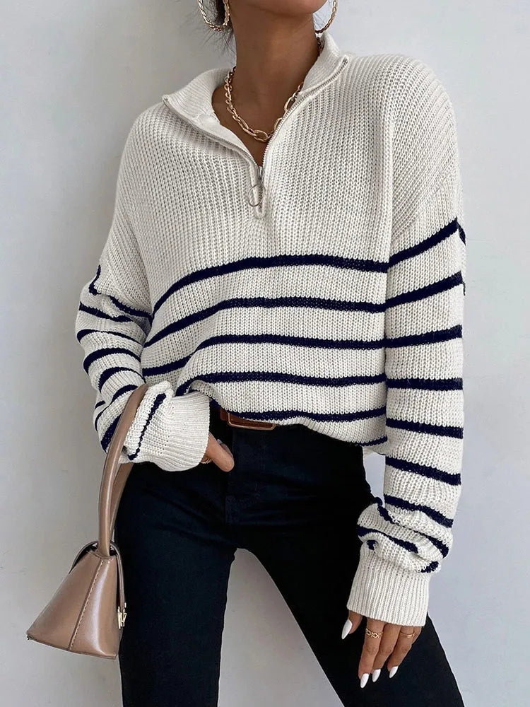 Womens Zipper V Neck Striped Pattern Autumn Winter Sweater