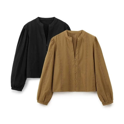 Embroidered V Neck Blouse Modern Fitted Shirt For Women