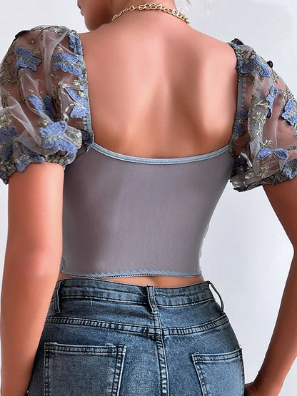 Ethereal Romanticism: Butterfly Embroidery Puff-Sleeve Cropped Blouse