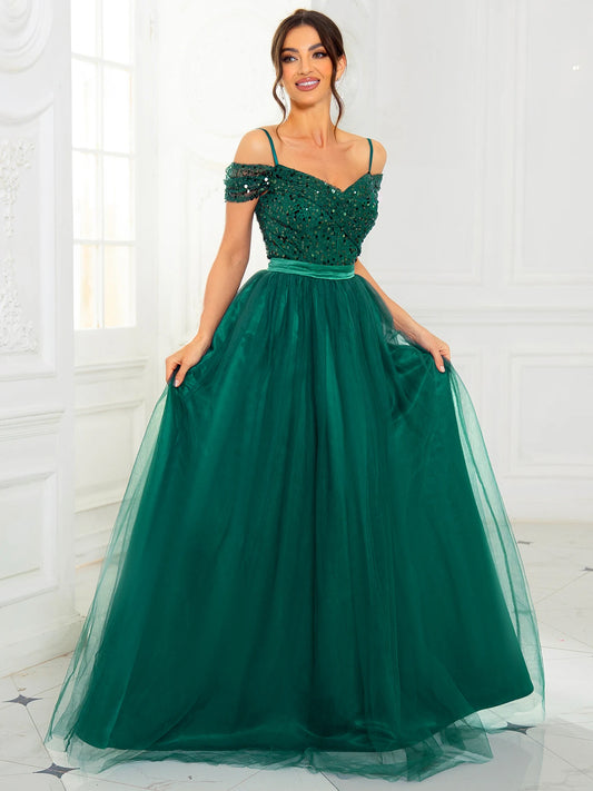 Bell Sleeve Off Shoulder Sequin Backless Long Dress