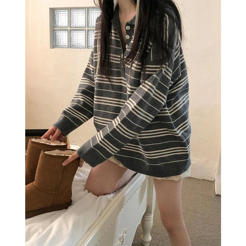 Blue White Striped Oversized Sweater Embroidered Mock Neck Cropped Jumper Harajuku Women S Pullover