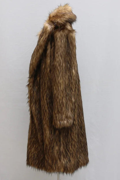 Brown fur coat with a hood on a light gray background
