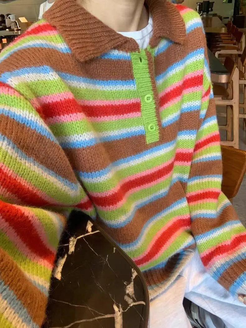 Vintage Cool Design Contrast Stripe Lace Up V Neck Sweater