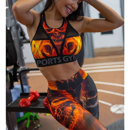 Red Printed Mesh Sportswear Set Tank Top Leggings For Women