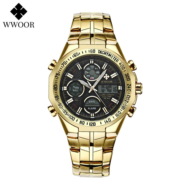 Mens Dual Rich Display Stainless Steel Golden Class Watches