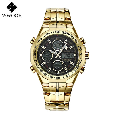 Mens Dual Rich Display Stainless Steel Golden Class Watches