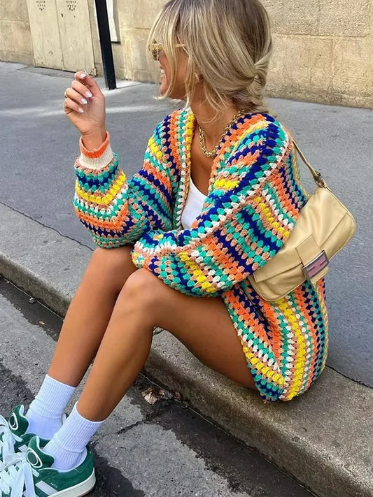 Rustic Vintage Style Colorful Crochet Sweater For Women