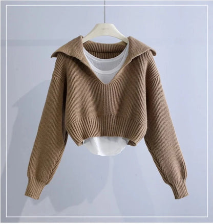 New Deep V-Neck Lapel Collar Two-Pieces Sweaters For Women