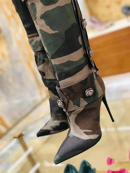 2025 Camouflage Thigh High Boots – Pointed Toe, High Heels & Pocket Detail