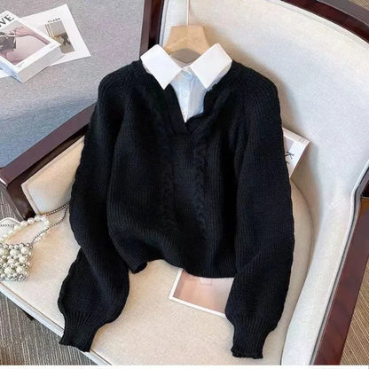 Chic Autumn Style Fake Two Pieces Long Sleeve V Neck Sweaters