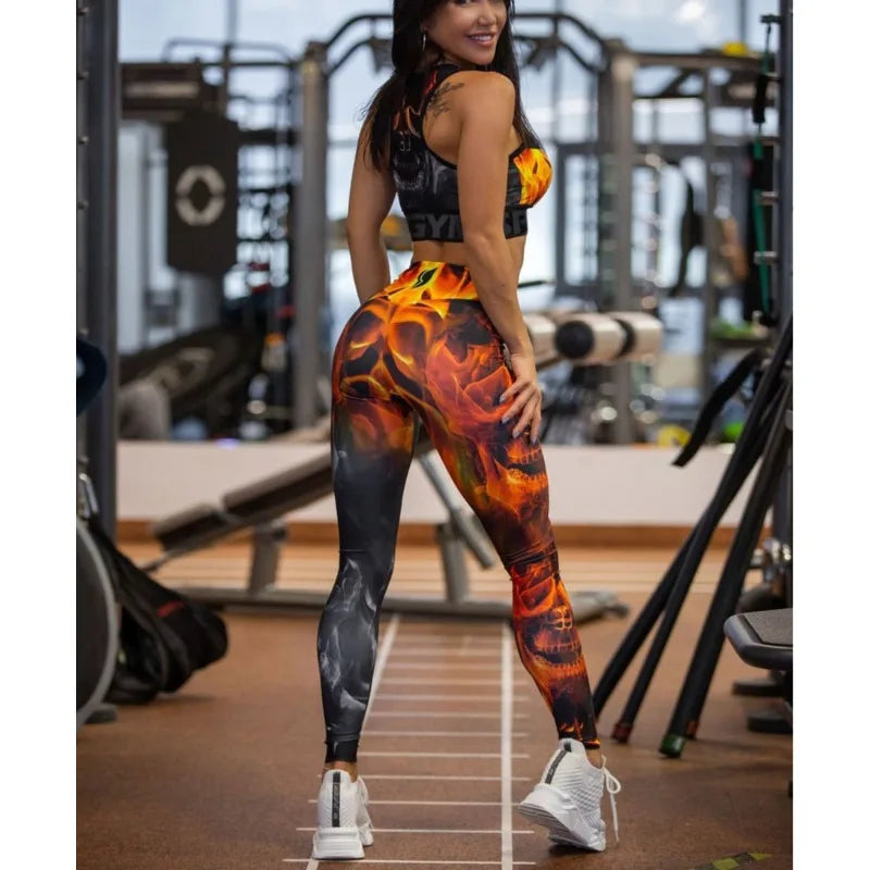 Red Printed Mesh Sportswear Set Tank Top Leggings For Women