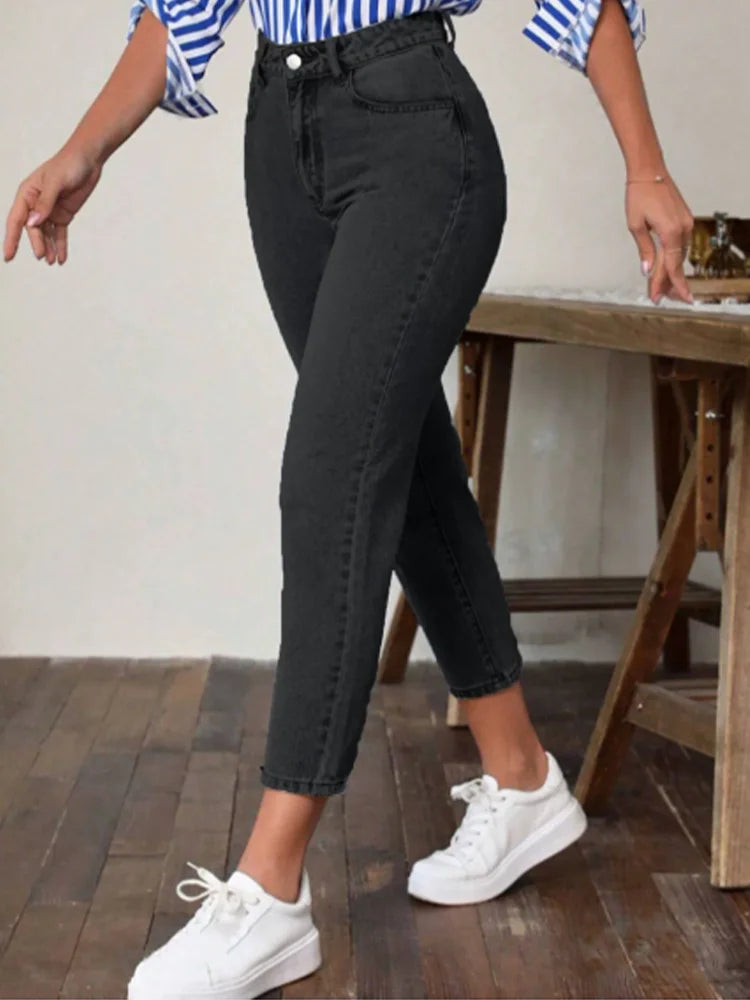 Women’s High Waist Slim Straight Jeans – Cropped High Street Denim