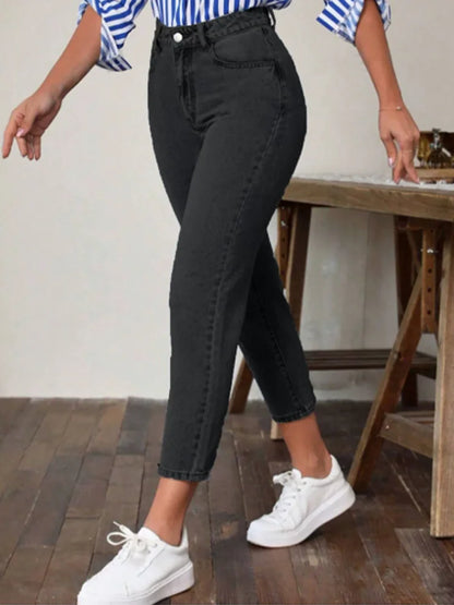 Women’s High Waist Slim Straight Jeans – Cropped High Street Denim