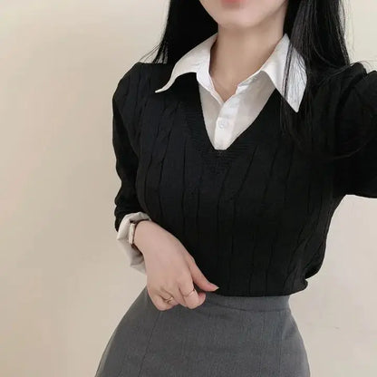 Women's Korean Chic Spring/Autumn Sweater – Retro Preppy Fake Two-Piece Twist Knit, Y2K Age-Reducing Top