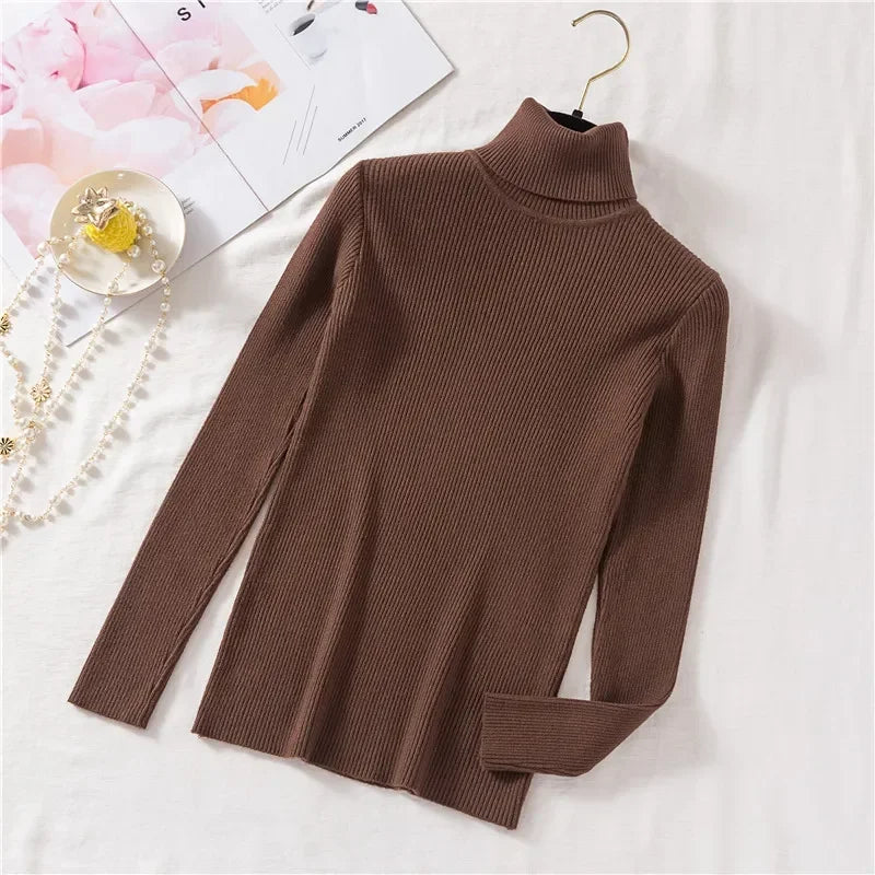 2025 Autumn Winter Women S Thick Ribbed Knitted Turtleneck Sweater Slim Fit Long Sleeve Pullover Soft Warm