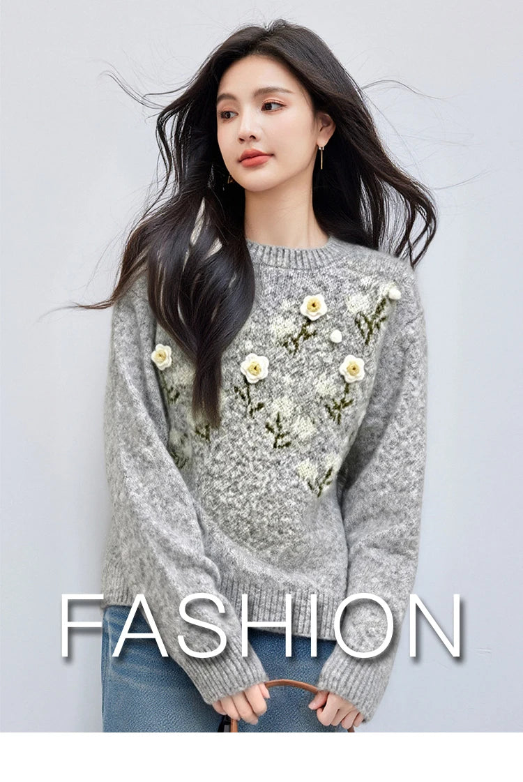 Womens Korean Style Daisy Flower Printed Knitted Winter Sweater